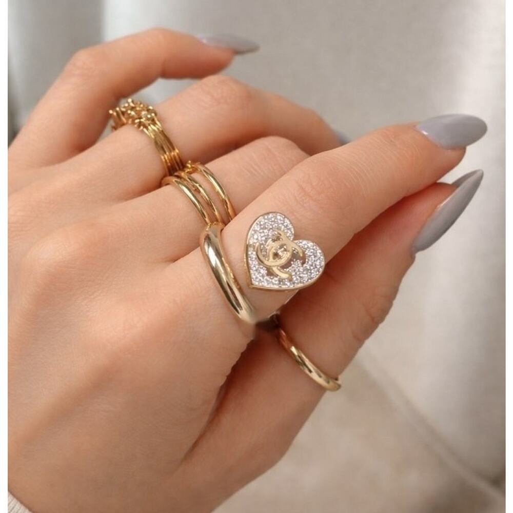 Chanel 26P Silver Gold Crystal Heart CC Logo Spiral Metal Fashion Finger Ring 52 - Picture 3 of 16